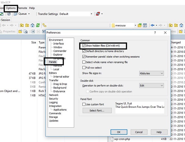 WinSCP > Options > Preferences > Panels