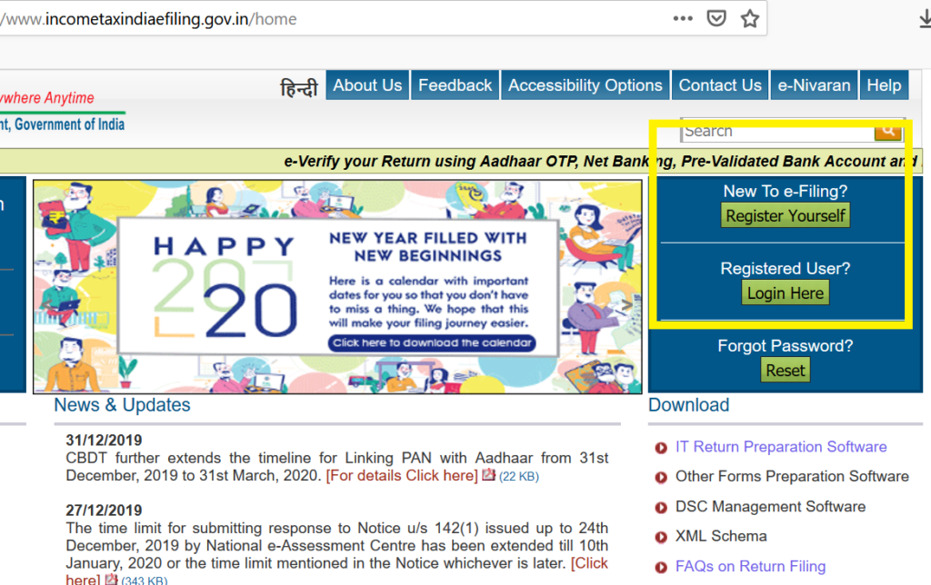 Income tax e-filiing website: Register and Login Link