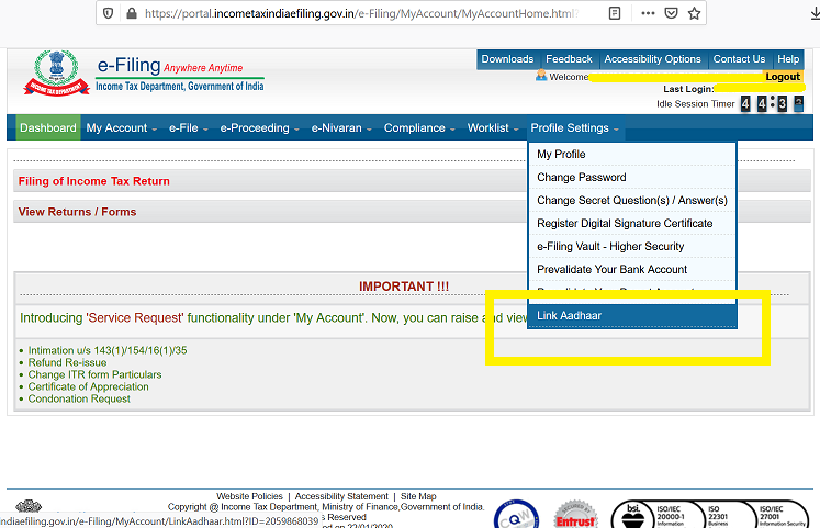 Income tax e-filiing website: Link Aadhaar after login